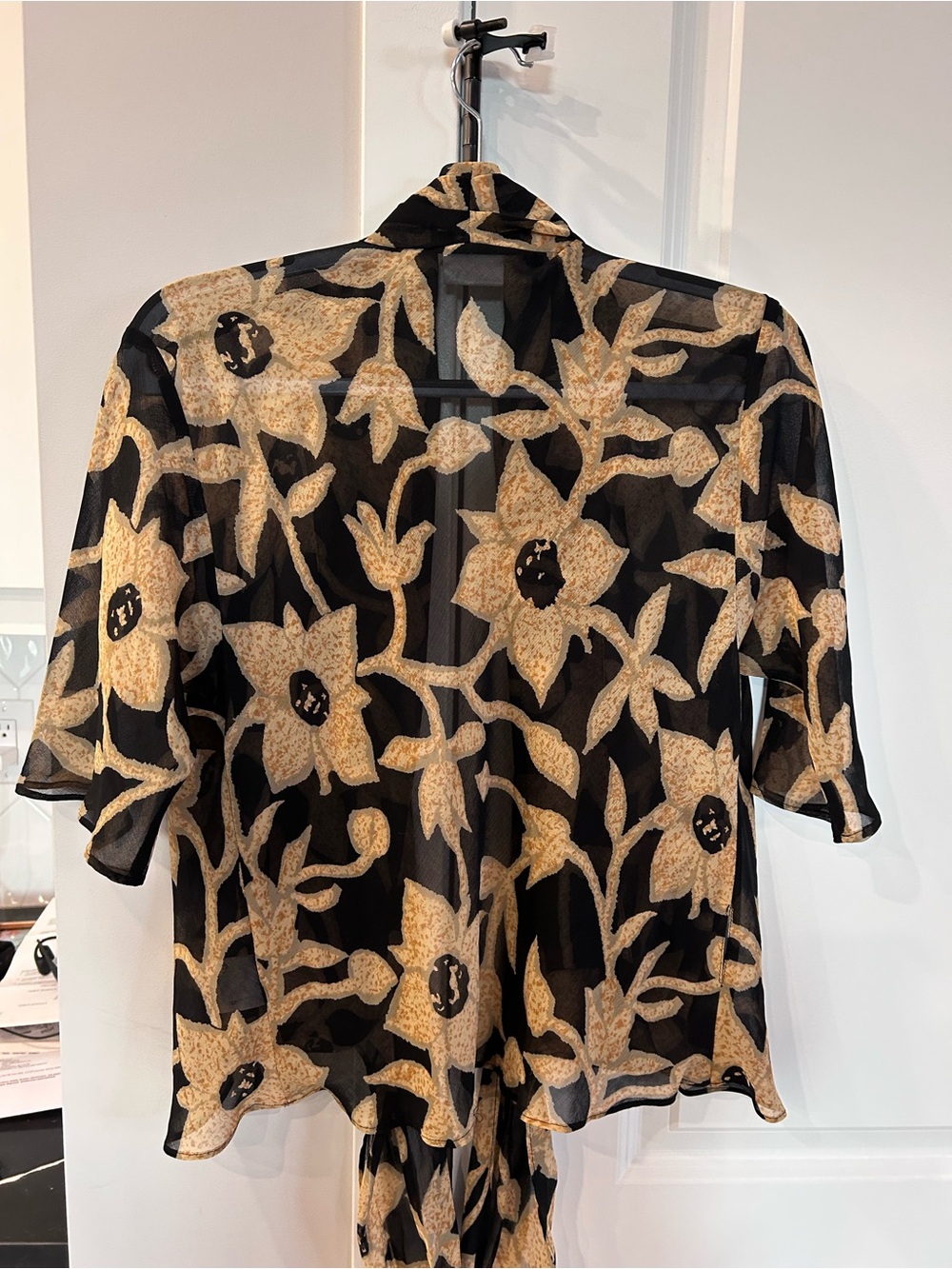 Jaeger Sheer Black Floral Blouse Beige Print Open Front Tie Top Layering Boho